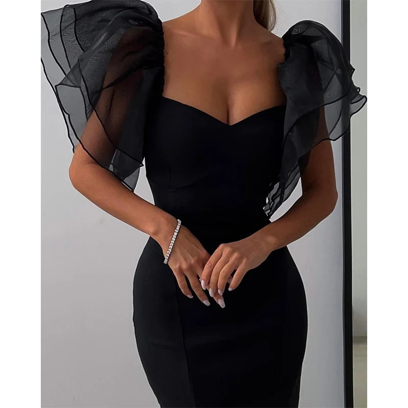 Mesh Butterfly Sleeve Bodycon Midi Dress – Square Neck Black