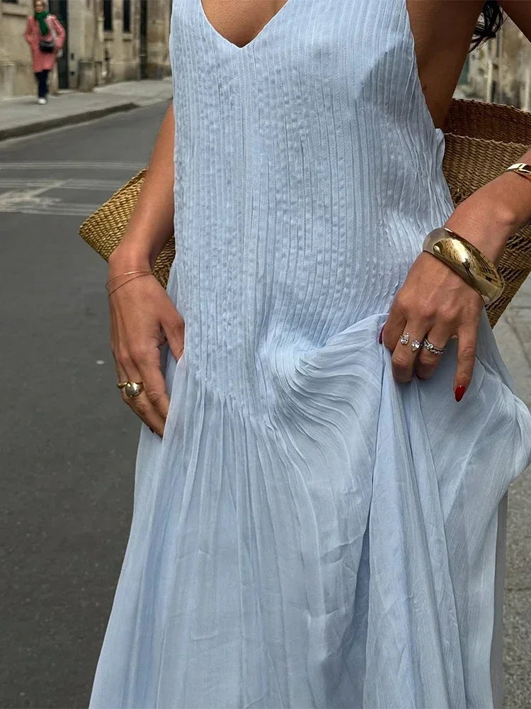 Chic Blue Pleated Backless Maxi Dress – V-Neck Spaghetti Strap