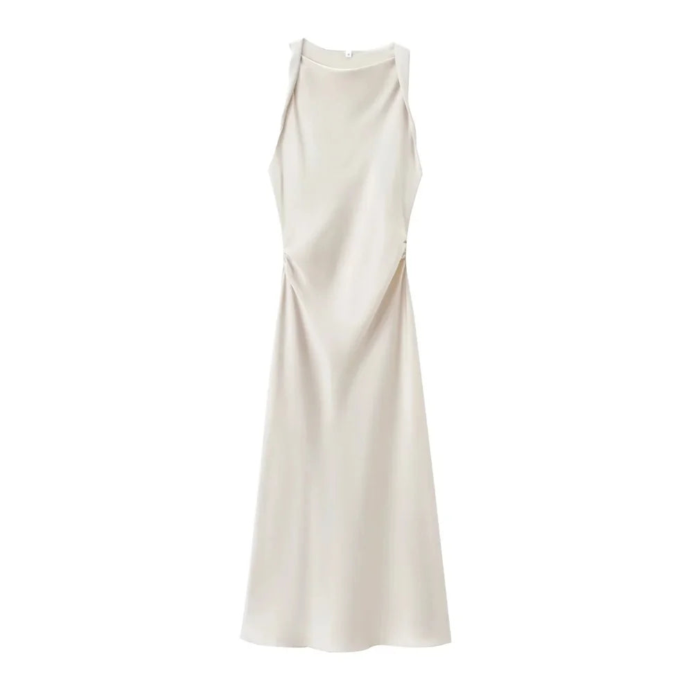 Satin Feeling Long Dress – High Waist Sleeveless