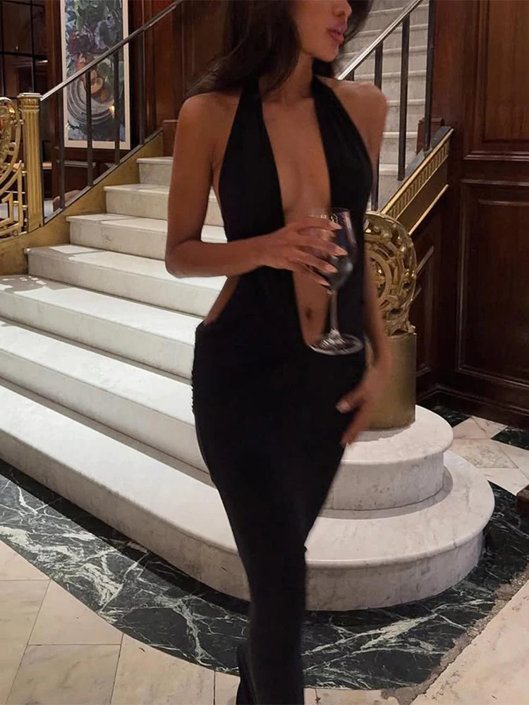 Ahagaga Black Halter Maxi Dress – Deep V-Neck