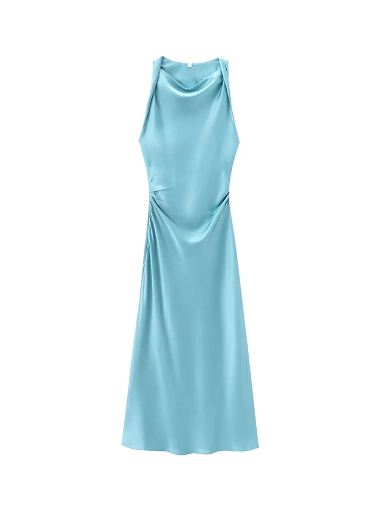 Satin Feeling Long Dress – High Waist Sleeveless