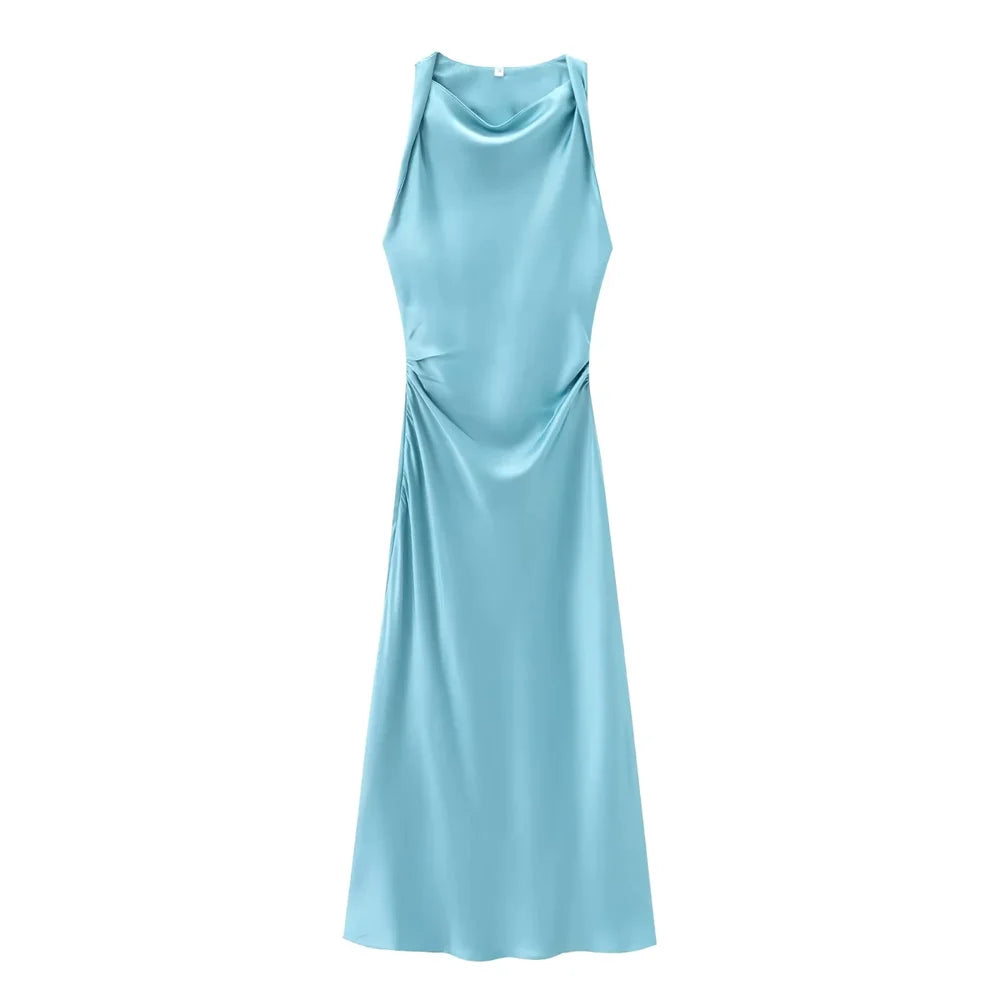 Satin Feeling Long Dress – High Waist Sleeveless