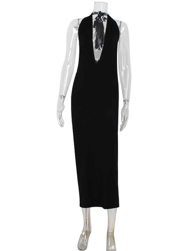 Ahagaga Black Halter Maxi Dress – Deep V-Neck
