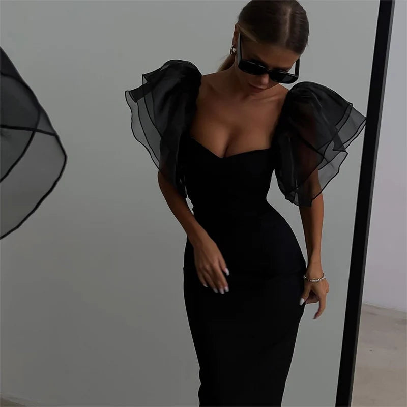 Mesh Butterfly Sleeve Bodycon Midi Dress – Square Neck Black