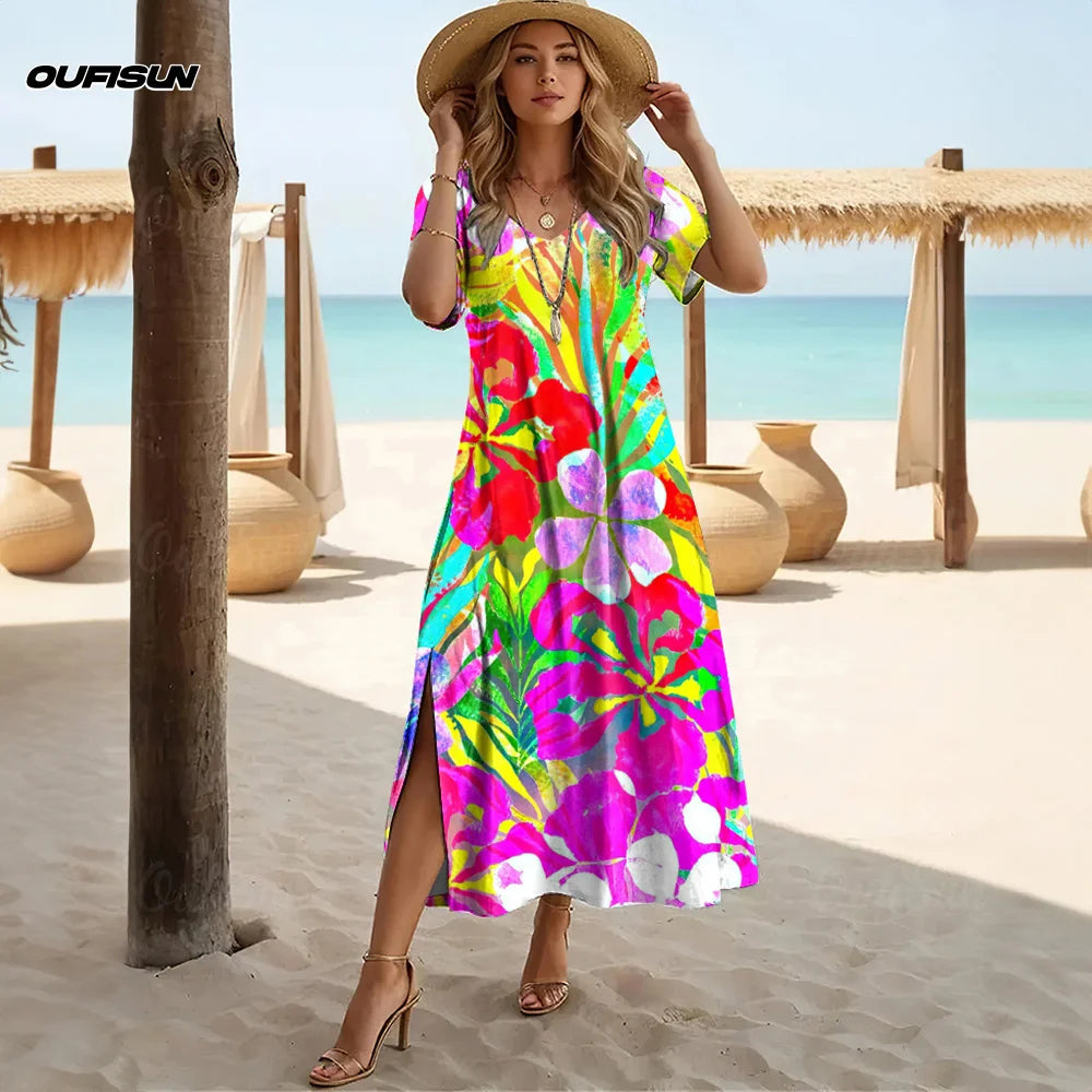 Women’s V-Neck A-Line Dress – Hawaiian Floral 2025