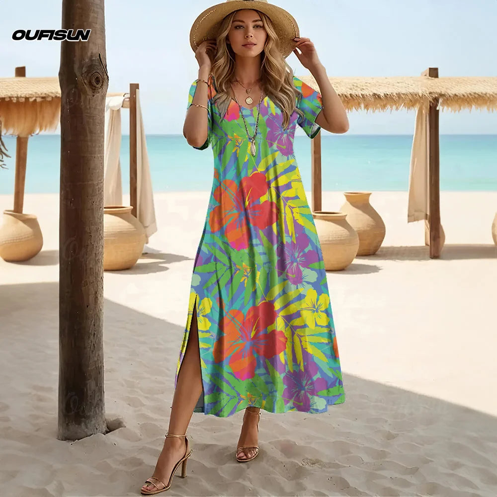 Women’s V-Neck A-Line Dress – Hawaiian Floral 2025