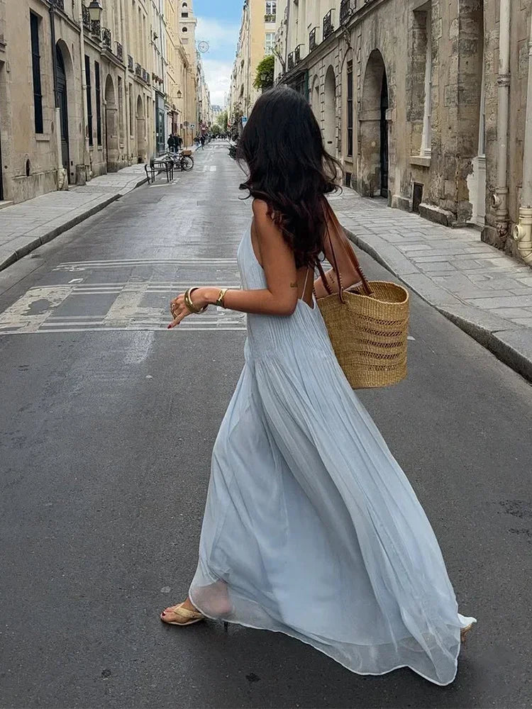 Chic Blue Pleated Backless Maxi Dress – V-Neck Spaghetti Strap
