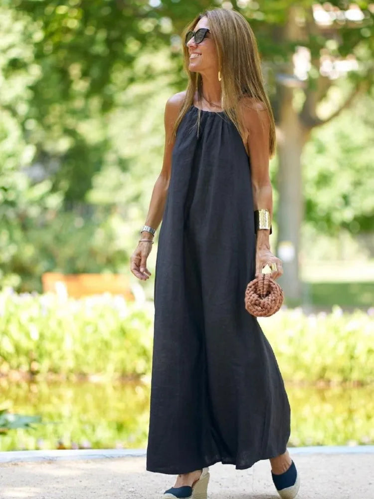 Halter Slit Cotton Linen Maxi Dress