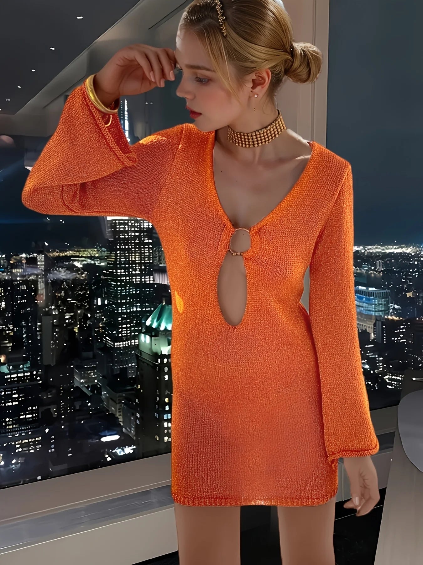 Short knit dress with V-neckline – wide sleeves, slim fit, autumn/winter