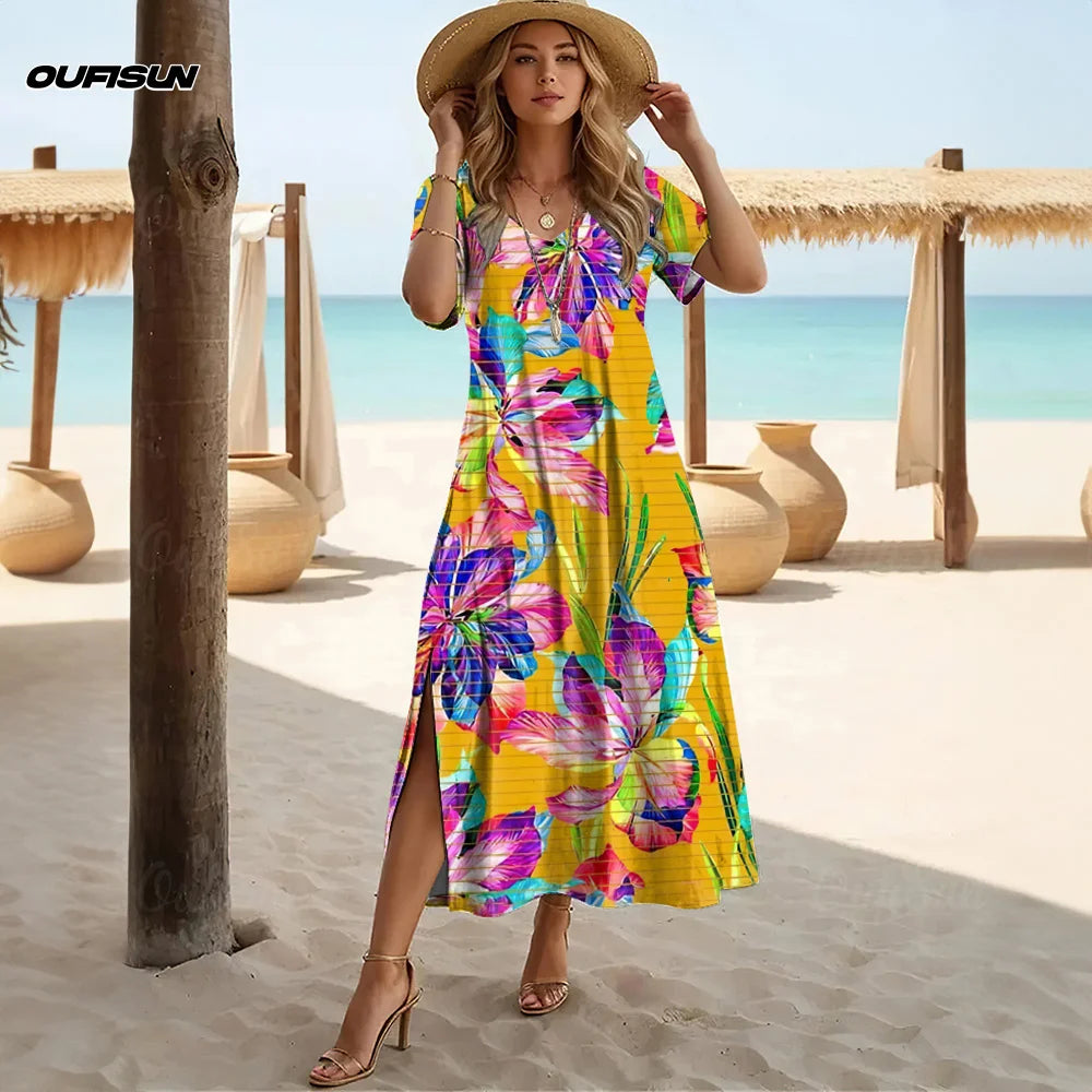 Women’s V-Neck A-Line Dress – Hawaiian Floral 2025