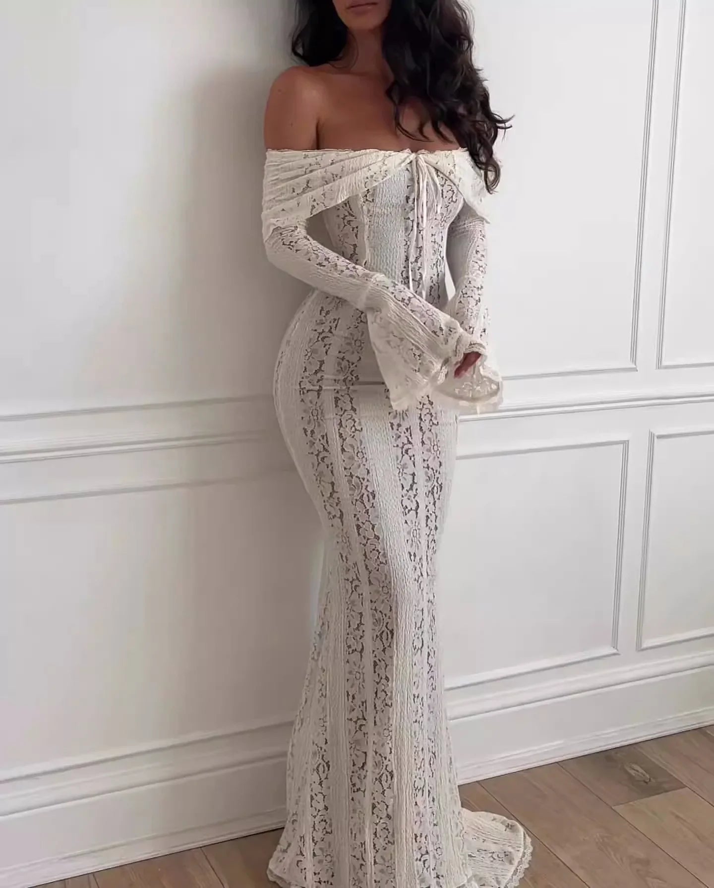 Oligai White Lace Maxi Dress – Off-Shoulder Elegant Bodycon