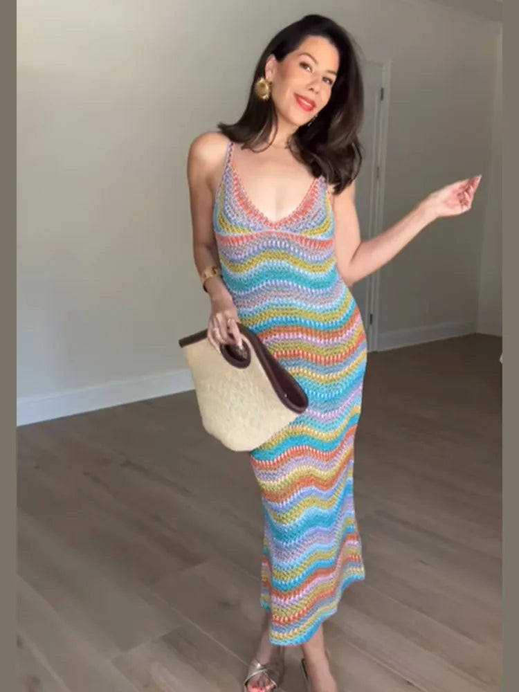 Colorful Stripe Knit Dress – Sleeveless & Backless