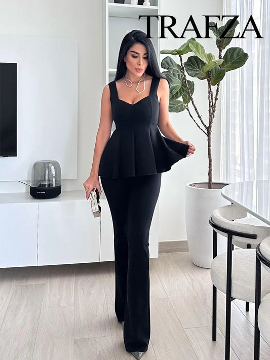 Chic Wide Strap Top & High-Waist Pants – Women’s Set