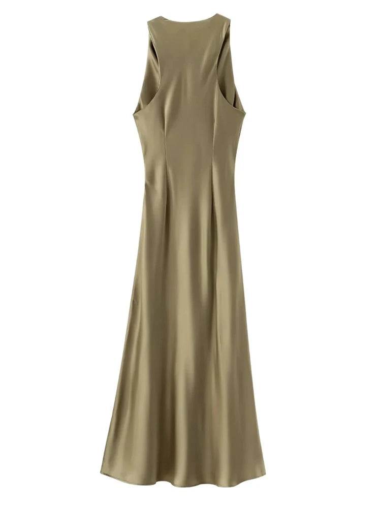 Satin Feeling Long Dress – High Waist Sleeveless