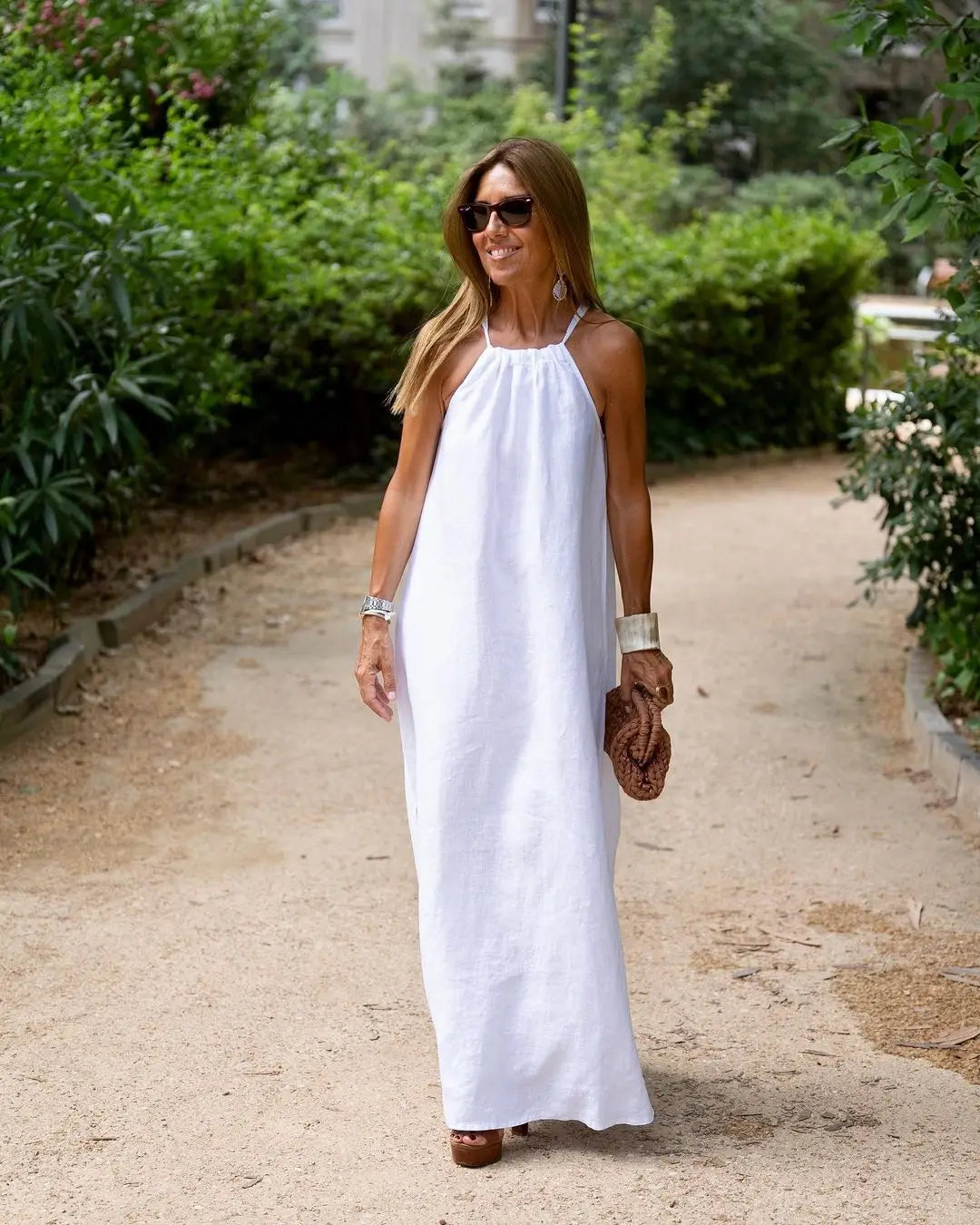 Halter Slit Cotton Linen Maxi Dress