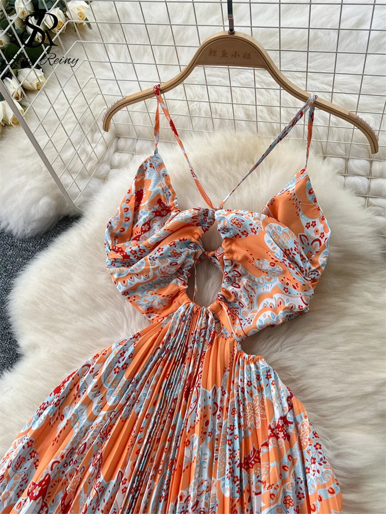 SINGREINY Hotsweet Summer Dress – Spaghetti Strap, Hollow-Out, Pleated Swing