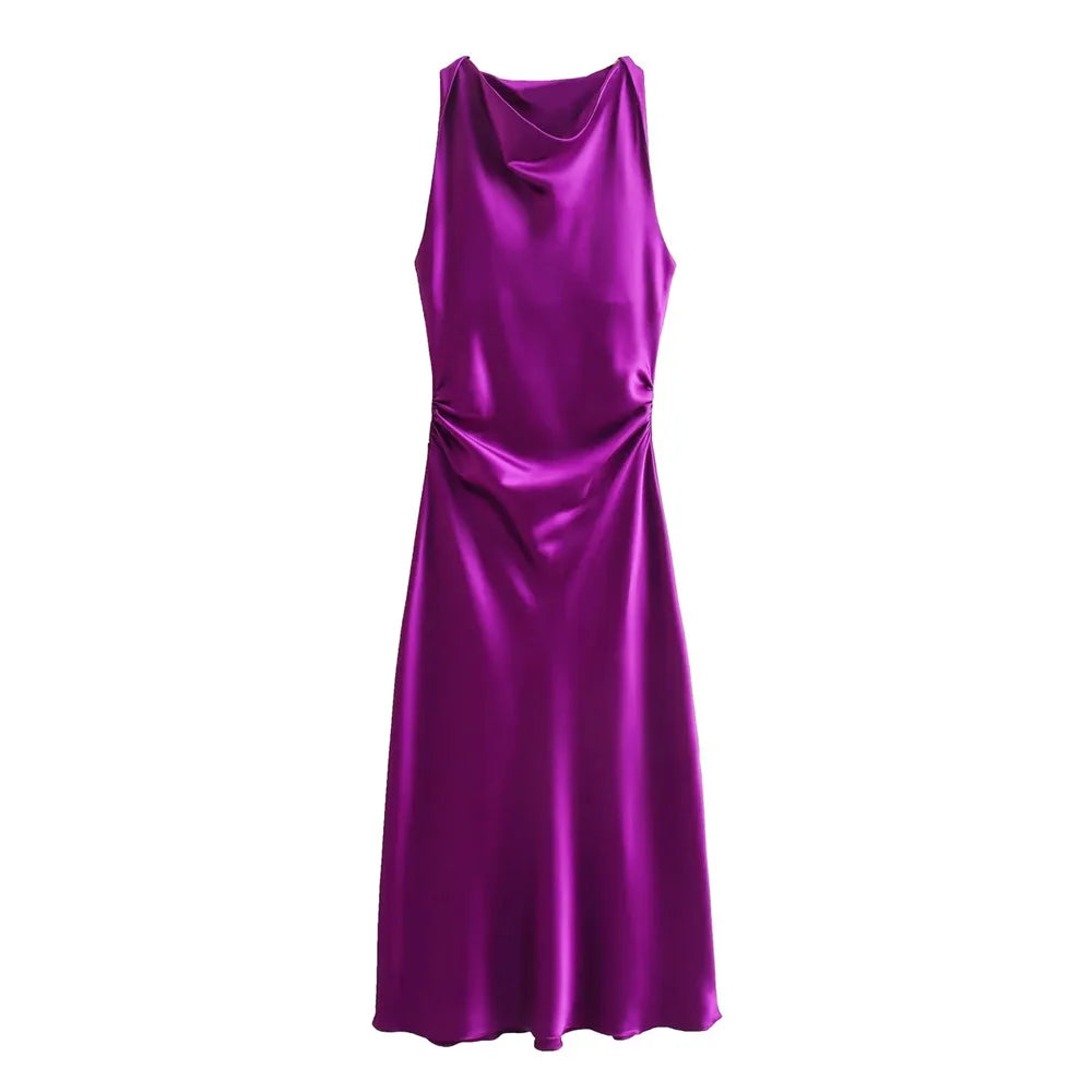 Satin Feeling Long Dress – High Waist Sleeveless