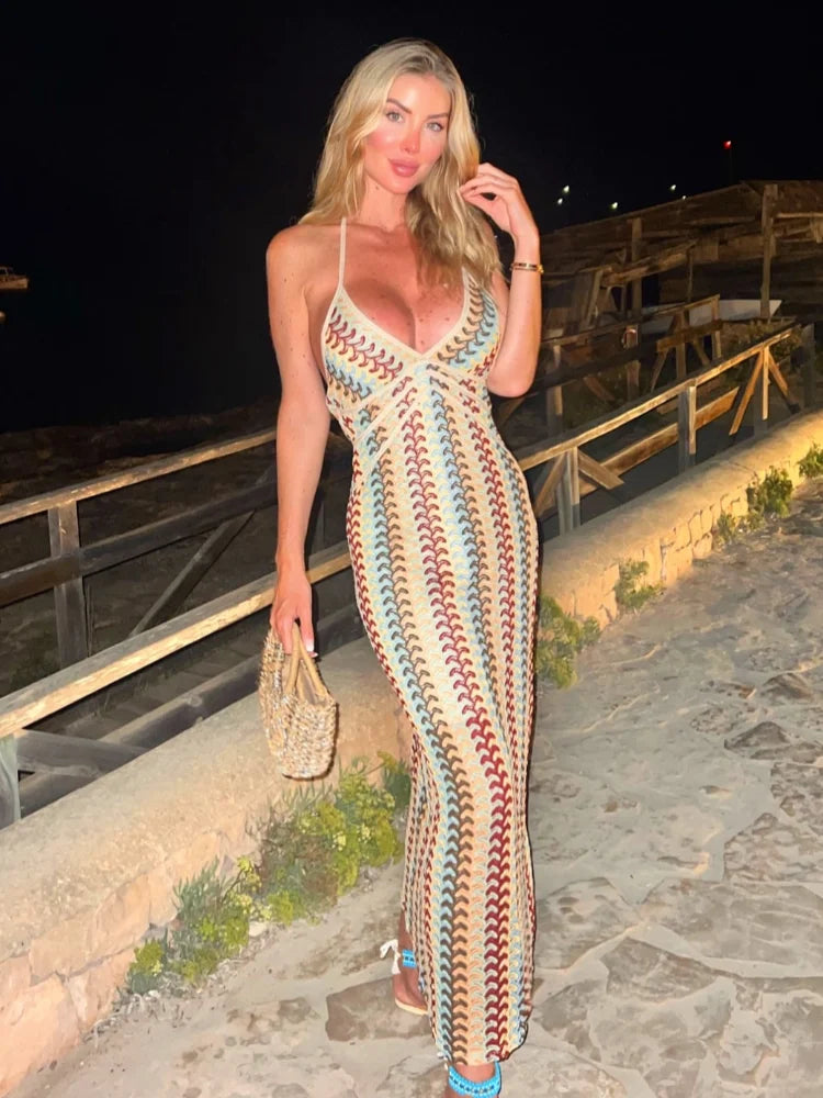 Colorful Stripe Knit Dress – Sleeveless & Backless
