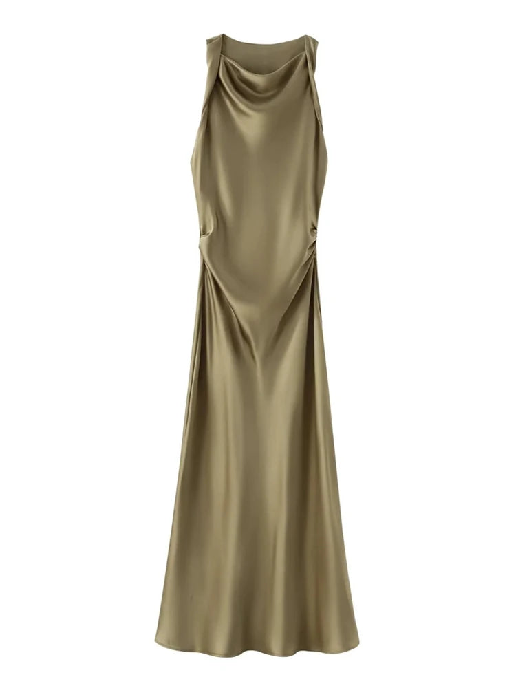 Satin Feeling Long Dress – High Waist Sleeveless