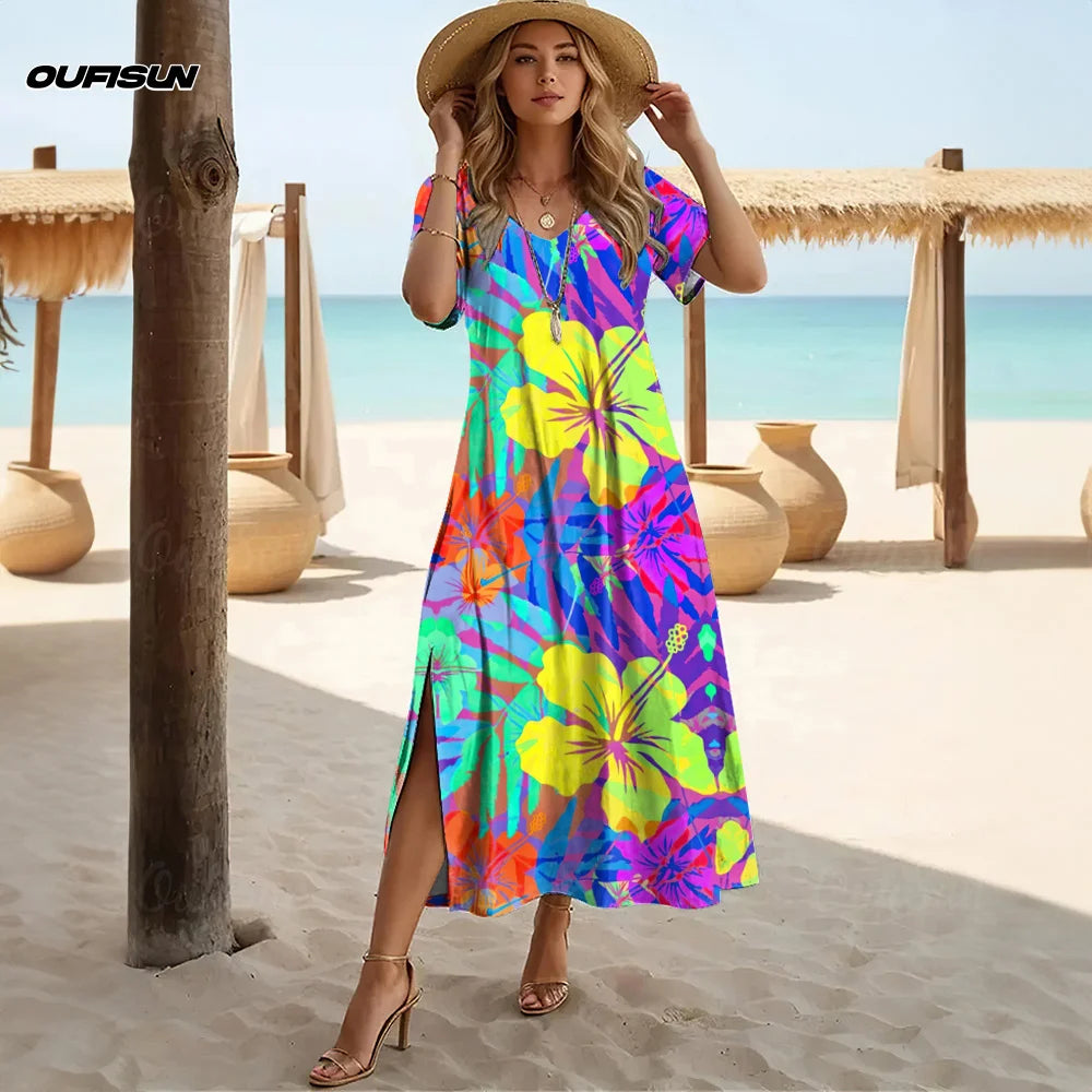 Women’s V-Neck A-Line Dress – Hawaiian Floral 2025