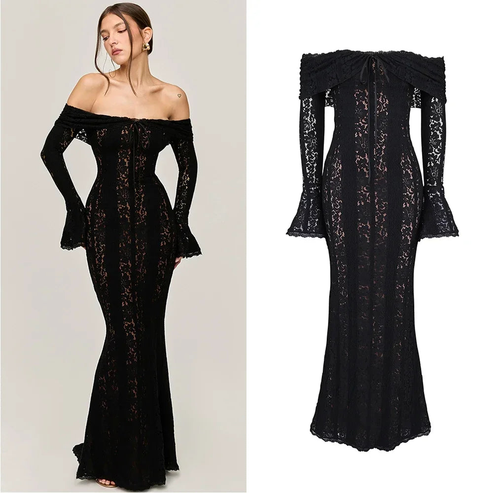 Oligai White Lace Maxi Dress – Off-Shoulder Elegant Bodycon