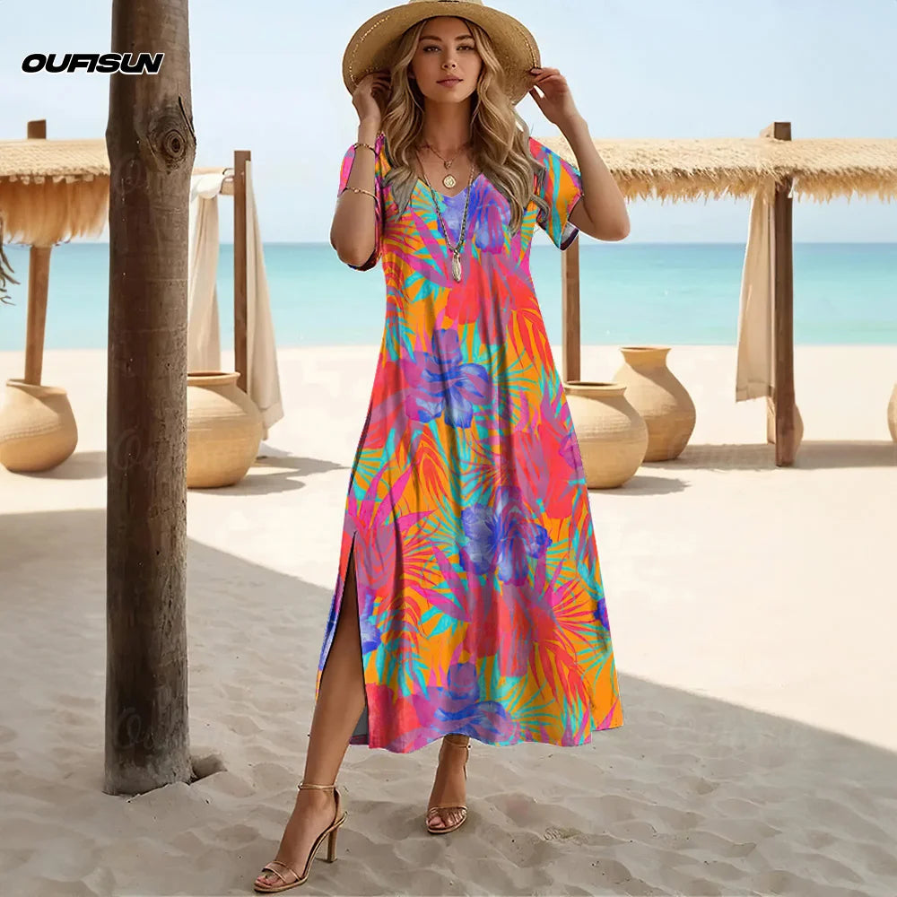 Women’s V-Neck A-Line Dress – Hawaiian Floral 2025