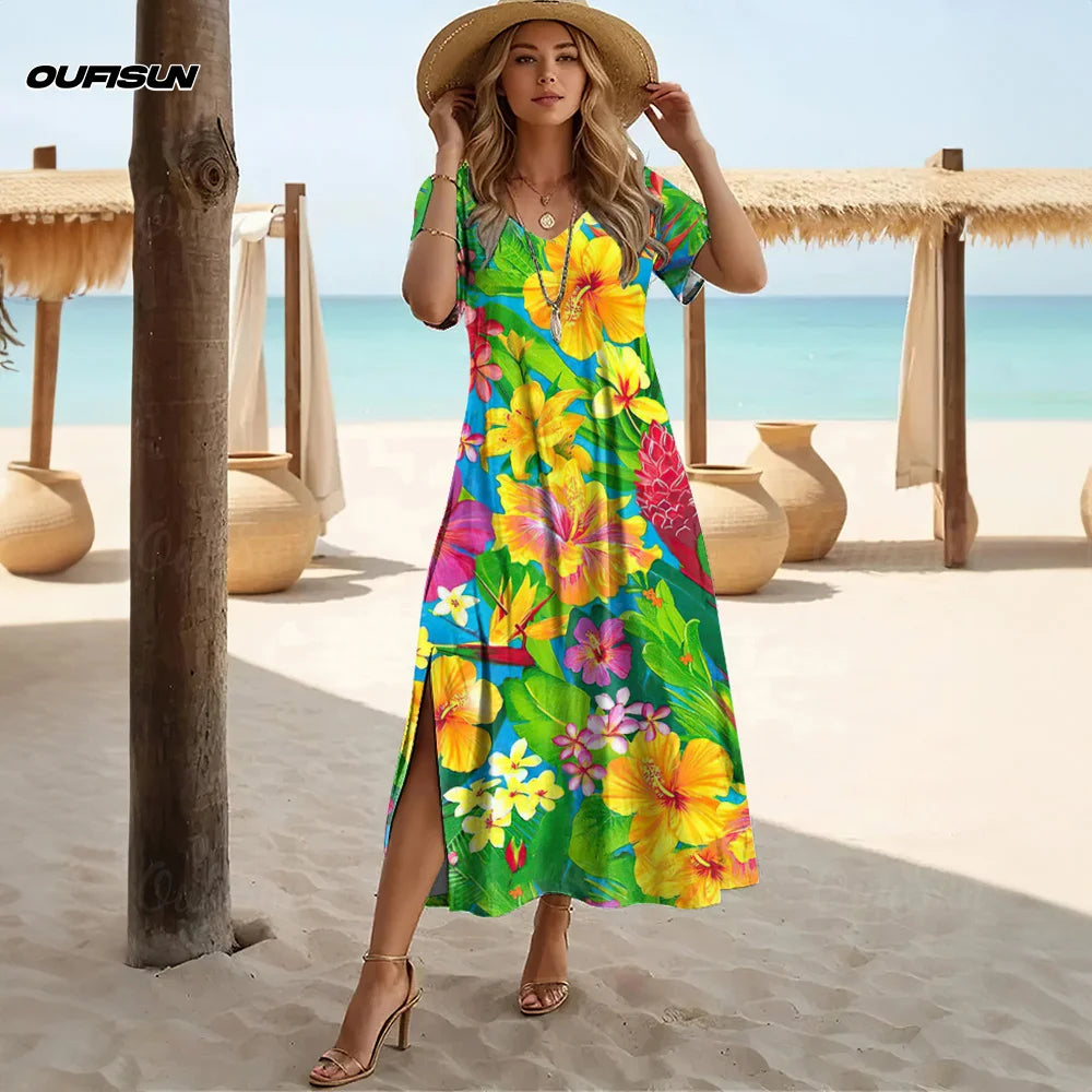 Women’s V-Neck A-Line Dress – Hawaiian Floral 2025