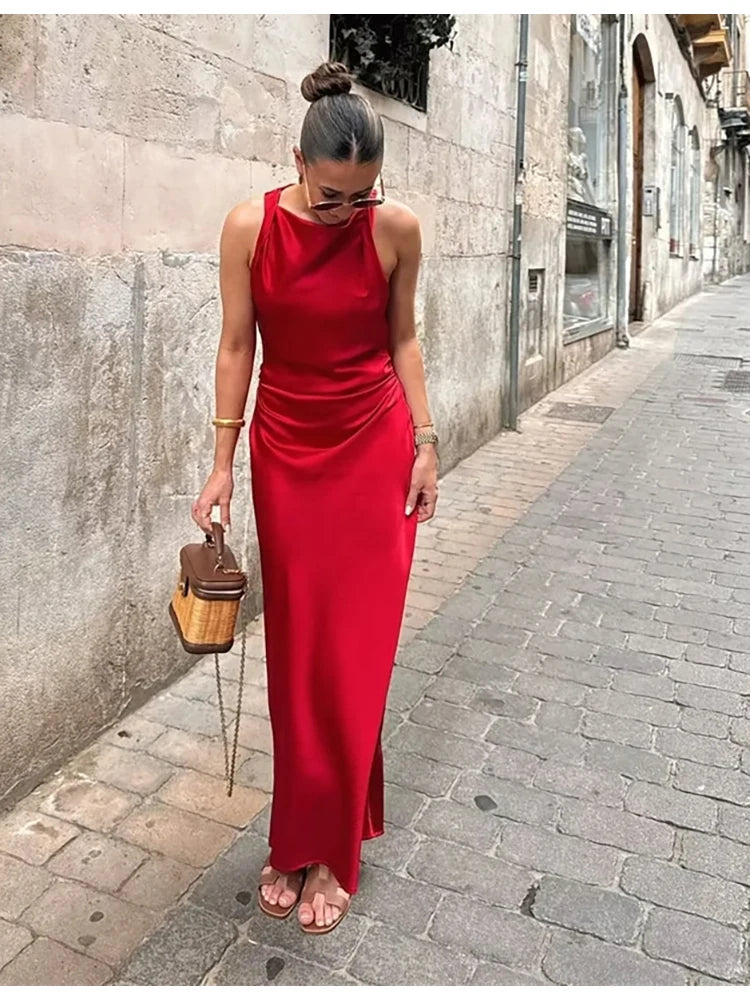 Satin Feeling Long Dress – High Waist Sleeveless