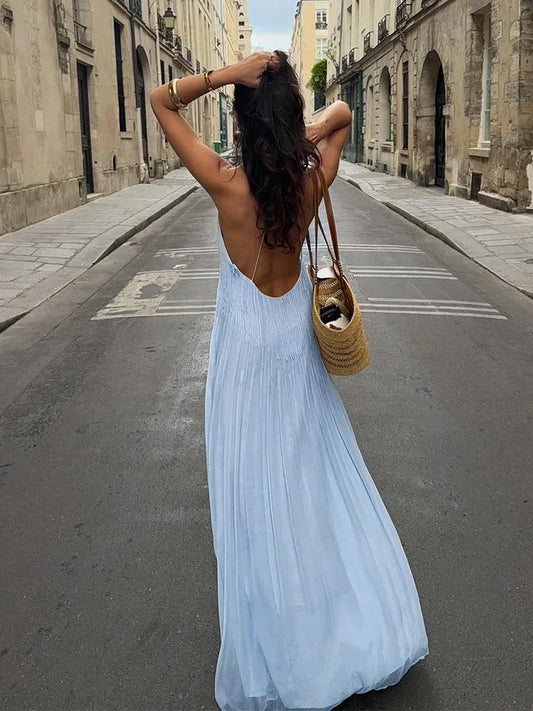 Chic Blue Pleated Backless Maxi Dress – V-Neck Spaghetti Strap