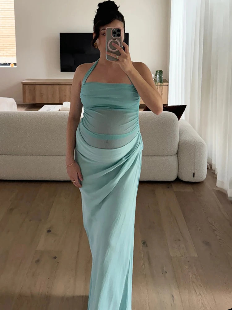 JULISSA MO Patchwork Hollow-Out Halter Maxi Dress – Spring