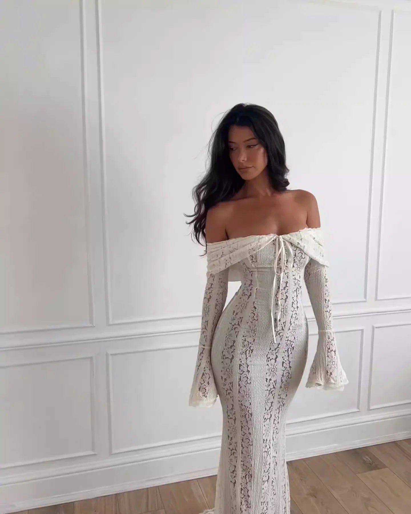 Oligai White Lace Maxi Dress – Off-Shoulder Elegant Bodycon