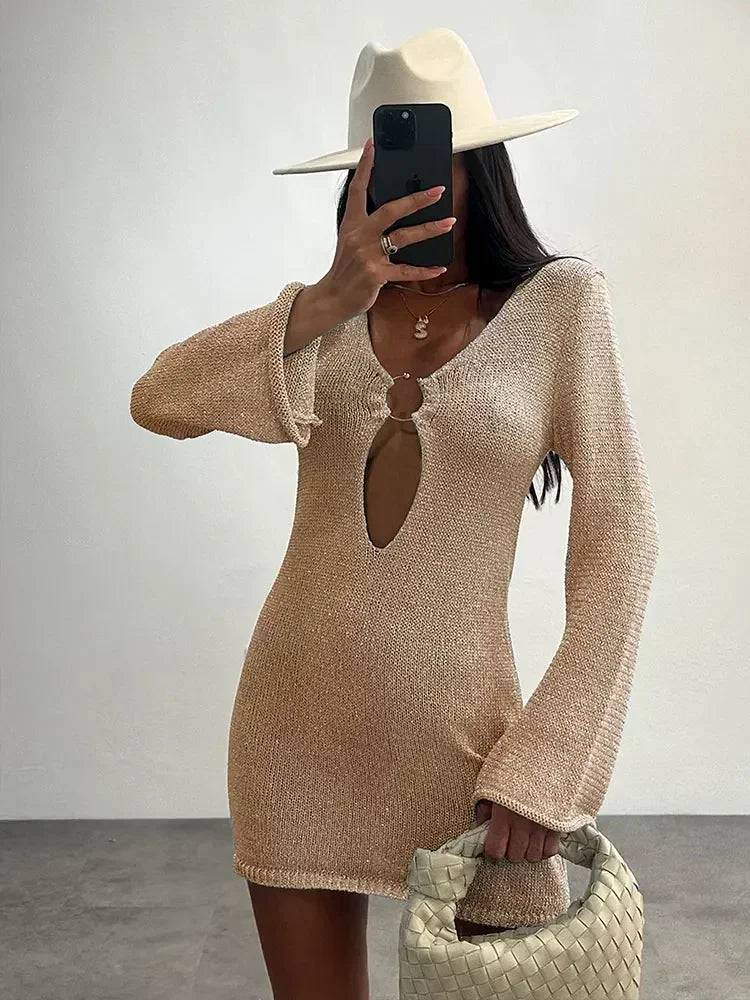 Short knit dress with V-neckline – wide sleeves, slim fit, autumn/winter