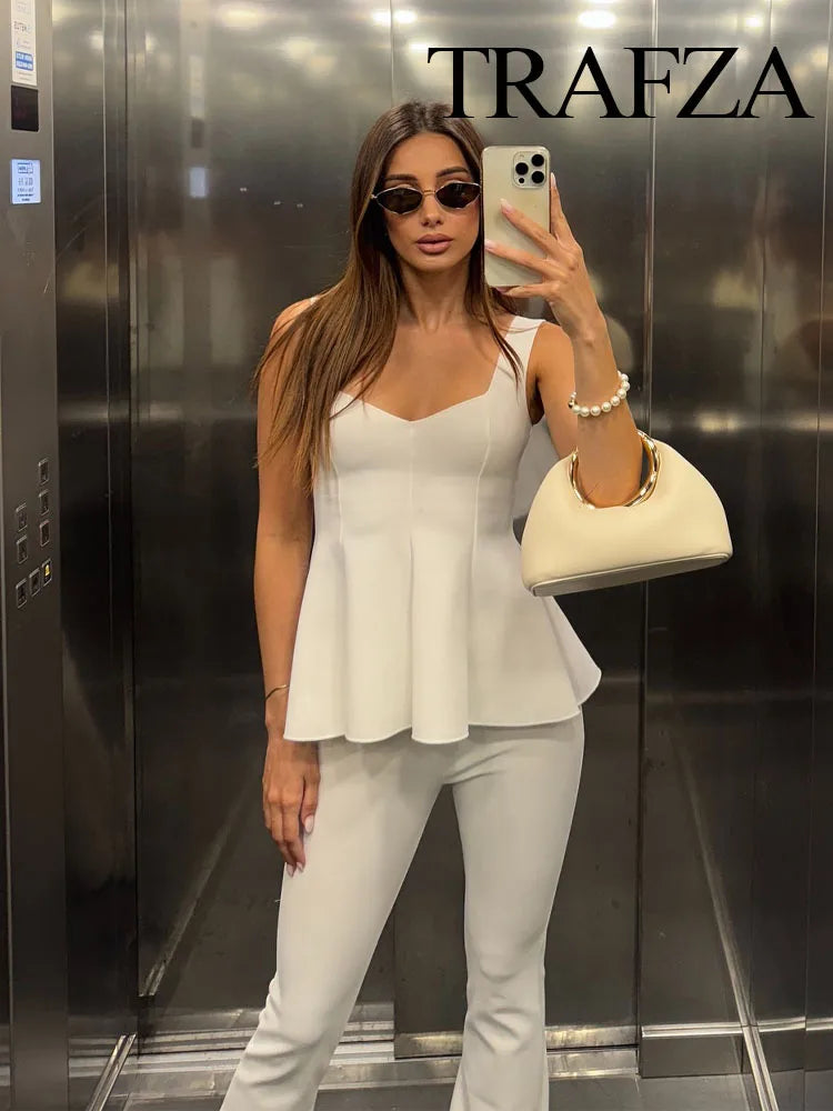 Chic Wide Strap Top & High-Waist Pants – Women’s Set