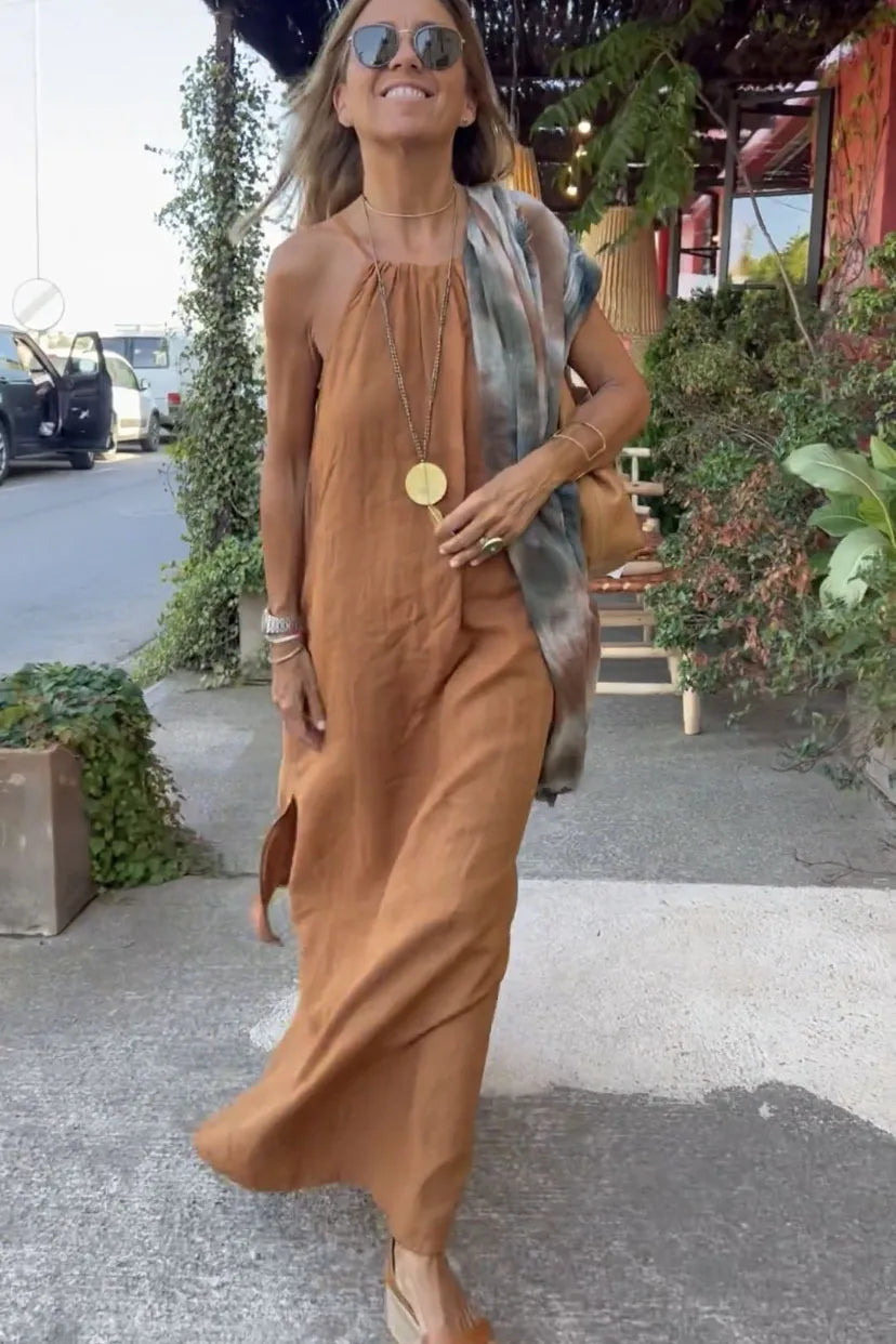 Halter Slit Cotton Linen Maxi Dress