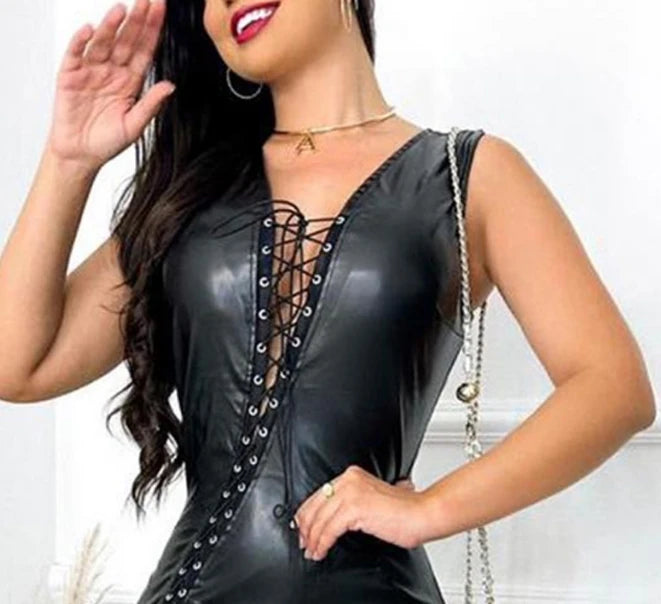 Women’s Tight Wrap Leather Dress – Sleeveless V-Neck