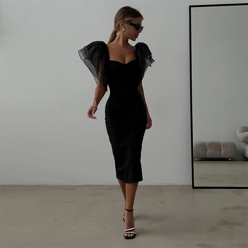 Mesh Butterfly Sleeve Bodycon Midi Dress – Square Neck Black