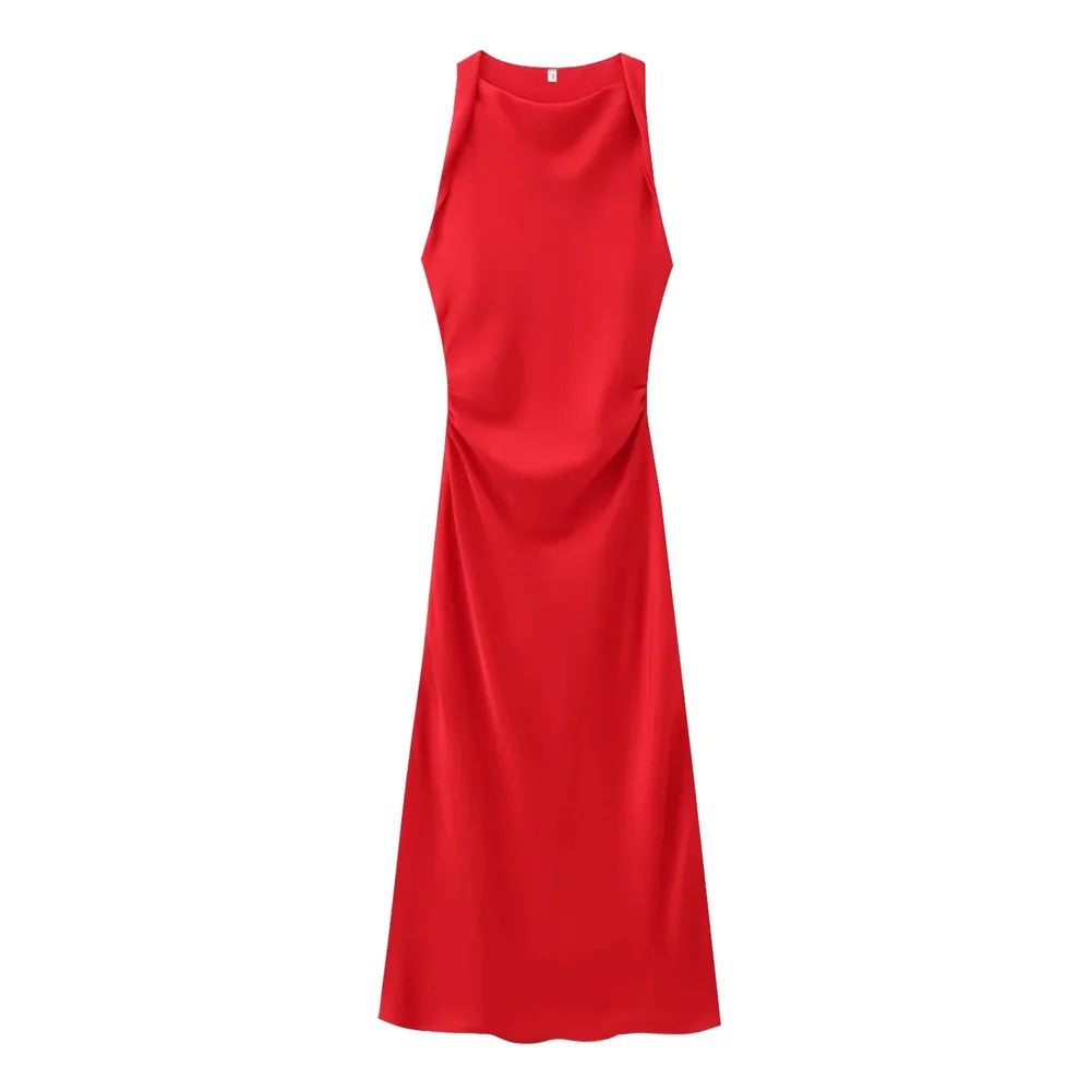 Satin Feeling Long Dress – High Waist Sleeveless