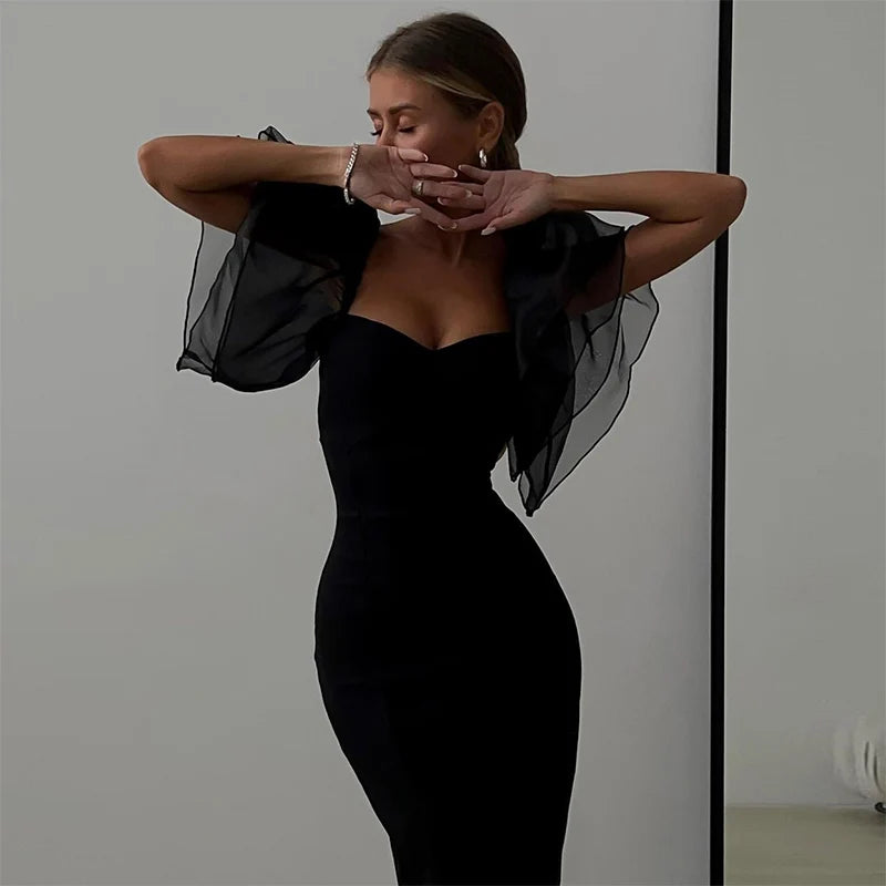 Mesh Butterfly Sleeve Bodycon Midi Dress – Square Neck Black