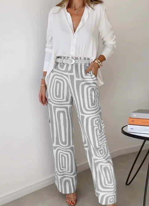 Casual Office Lady Set – Long Sleeve Shirt & Trousers