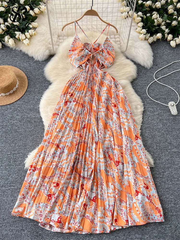 SINGREINY Hotsweet Summer Dress – Spaghetti Strap, Hollow-Out, Pleated Swing