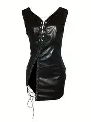 Women’s Tight Wrap Leather Dress – Sleeveless V-Neck