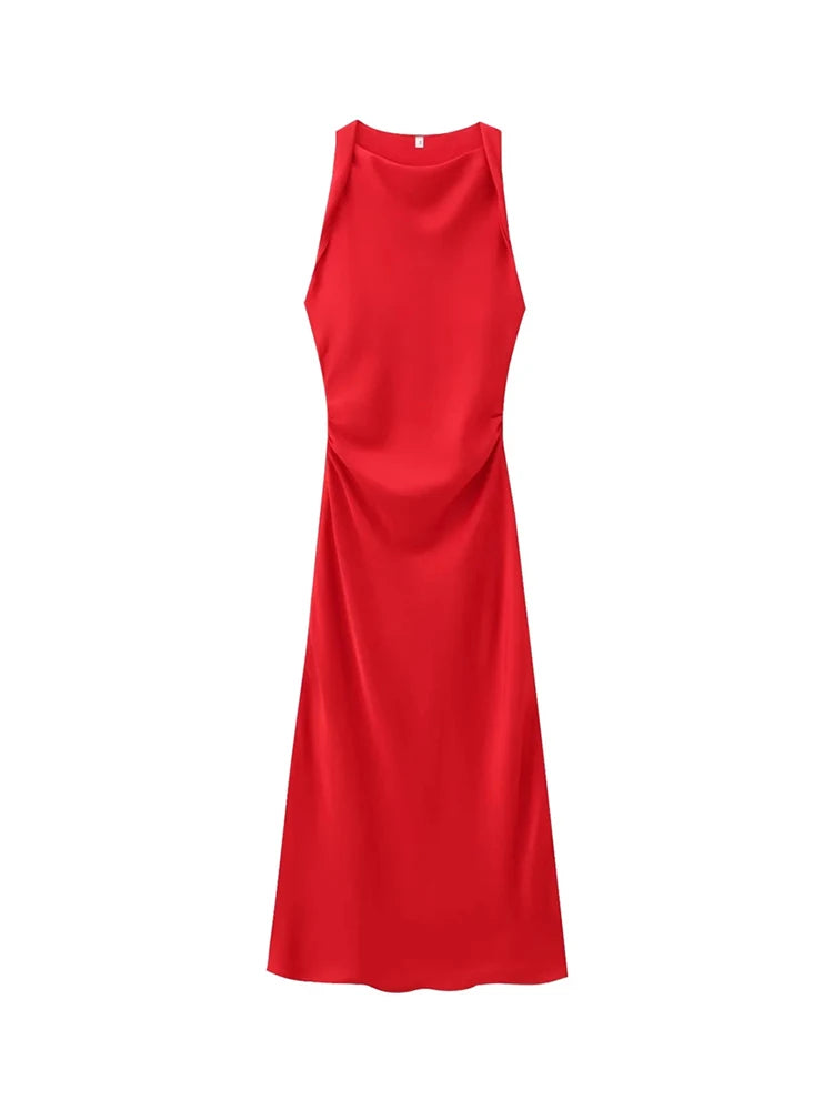 Satin Feeling Long Dress – High Waist Sleeveless