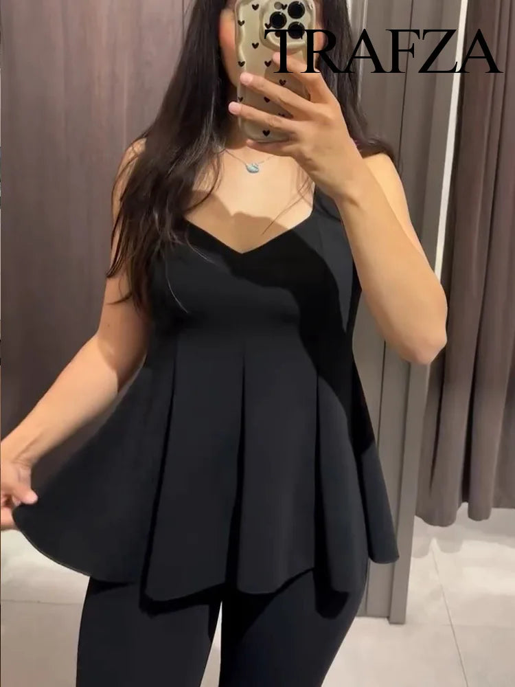 Chic Wide Strap Top & High-Waist Pants – Women’s Set
