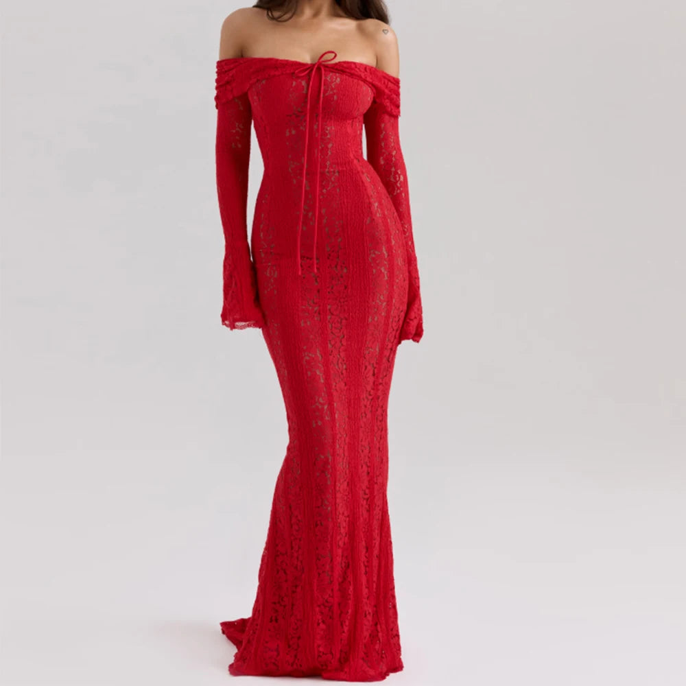 Oligai White Lace Maxi Dress – Off-Shoulder Elegant Bodycon