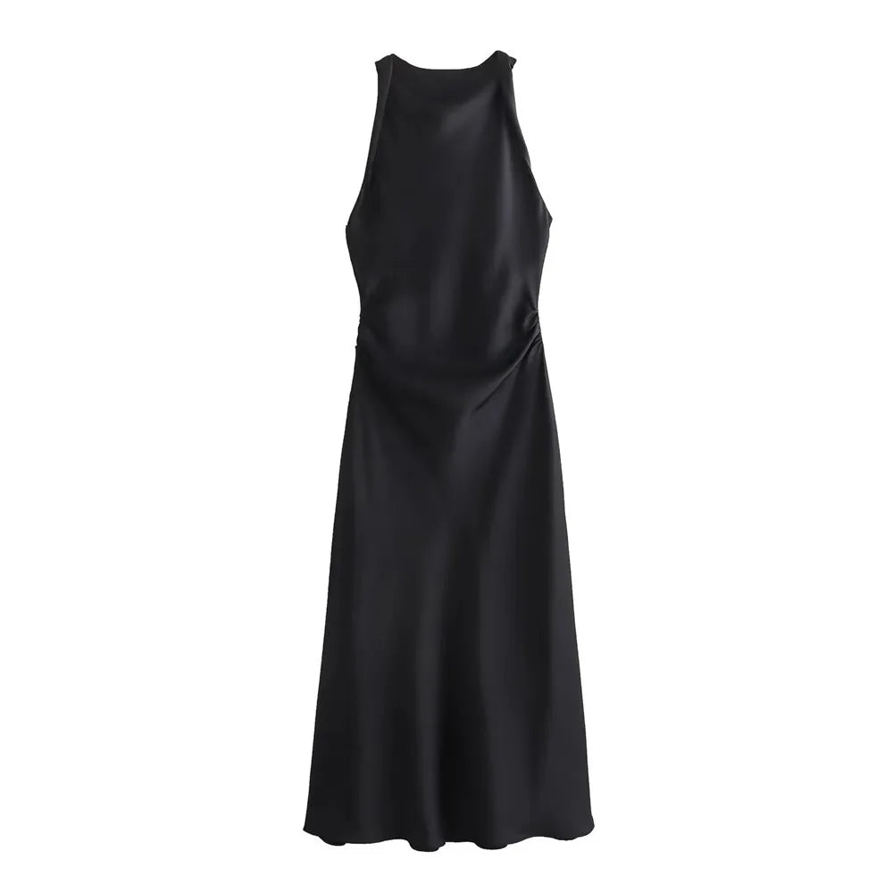 Satin Feeling Long Dress – High Waist Sleeveless
