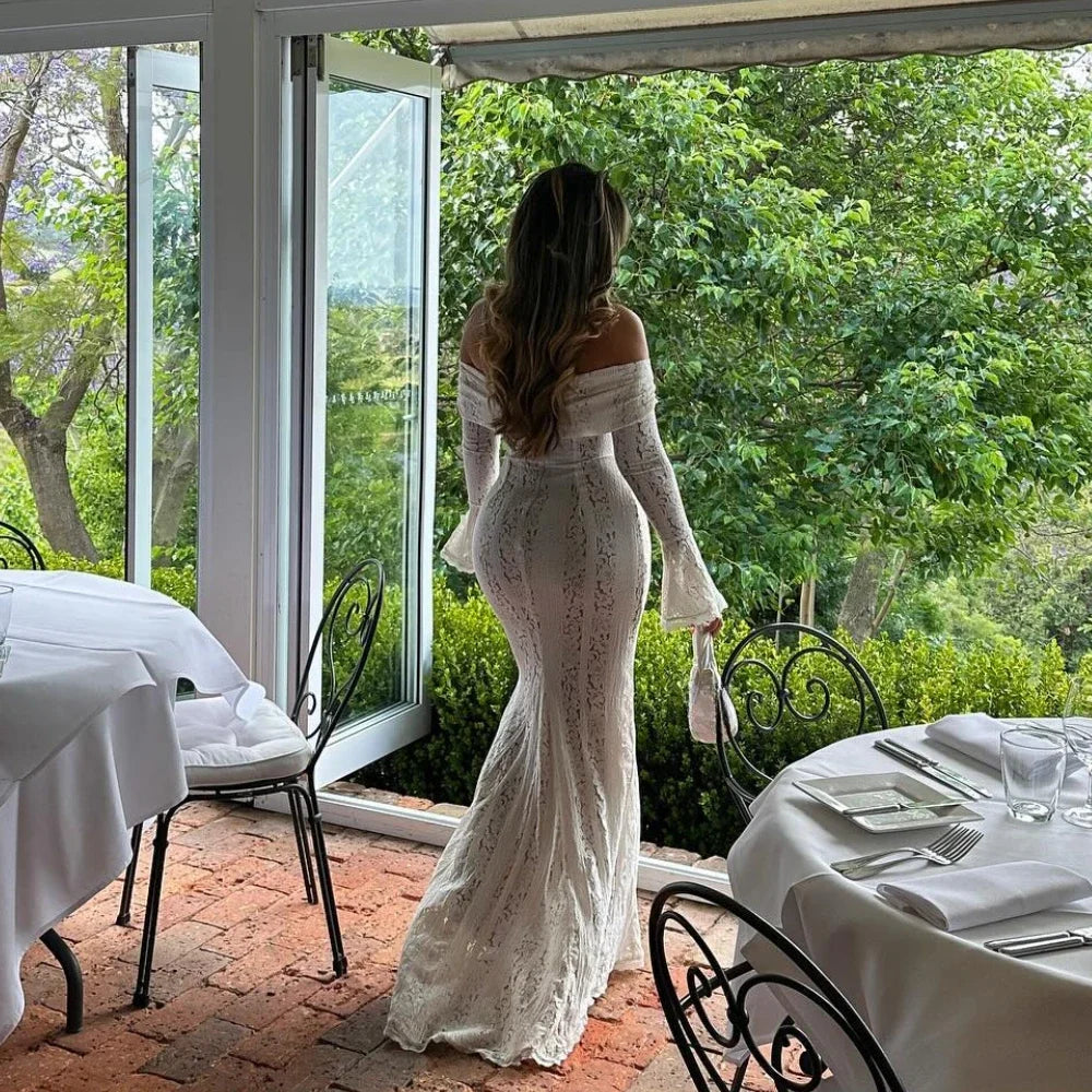 Oligai White Lace Maxi Dress – Off-Shoulder Elegant Bodycon