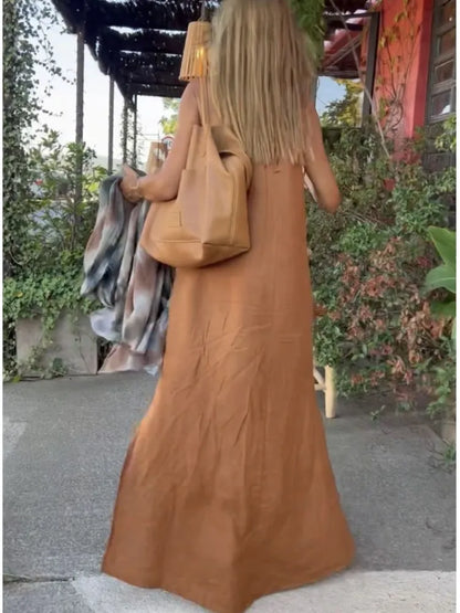 Halter Slit Cotton Linen Maxi Dress