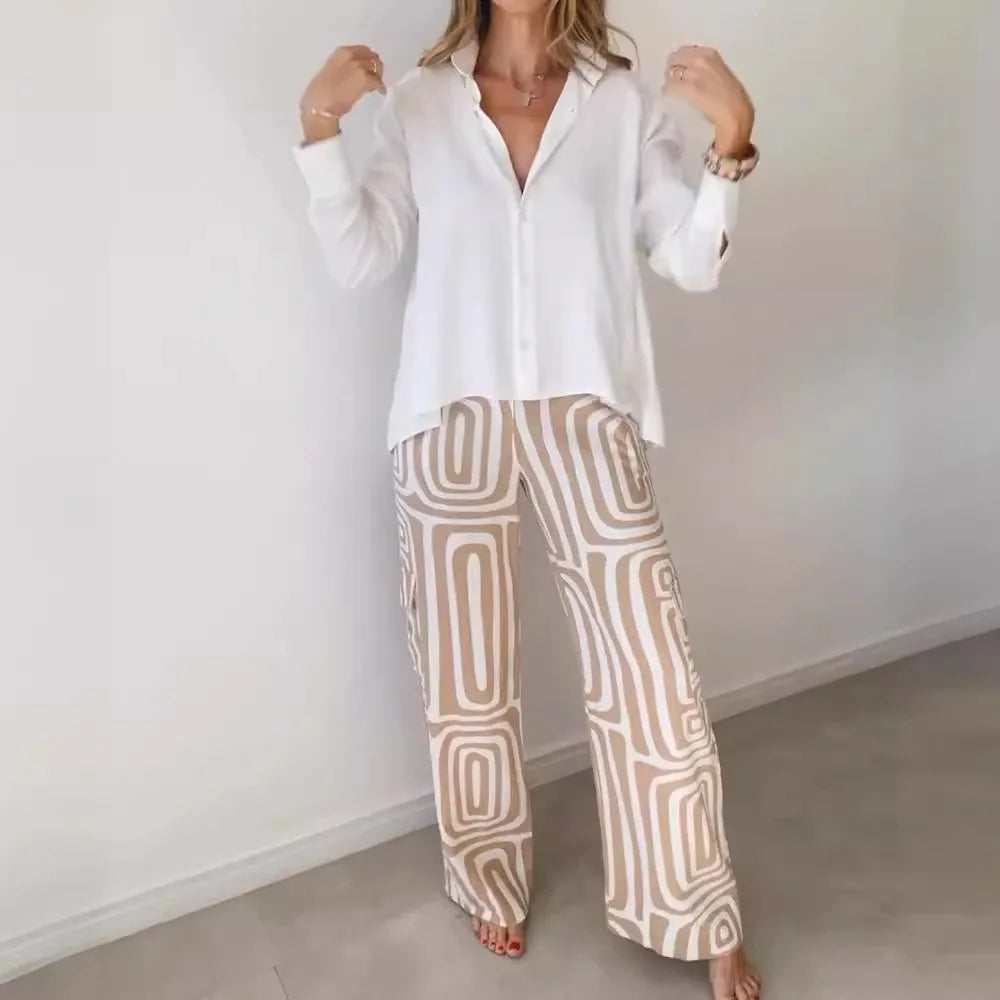 Casual Office Lady Set – Long Sleeve Shirt & Trousers