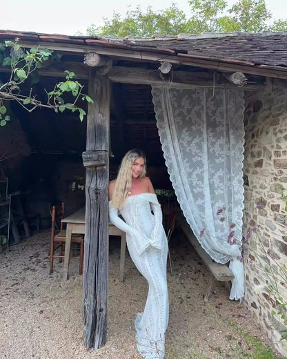 Oligai White Lace Maxi Dress – Off-Shoulder Elegant Bodycon
