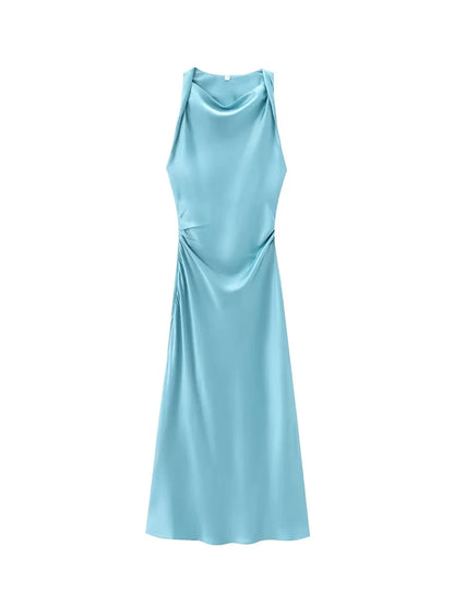 Satin Feeling Long Dress – High Waist Sleeveless
